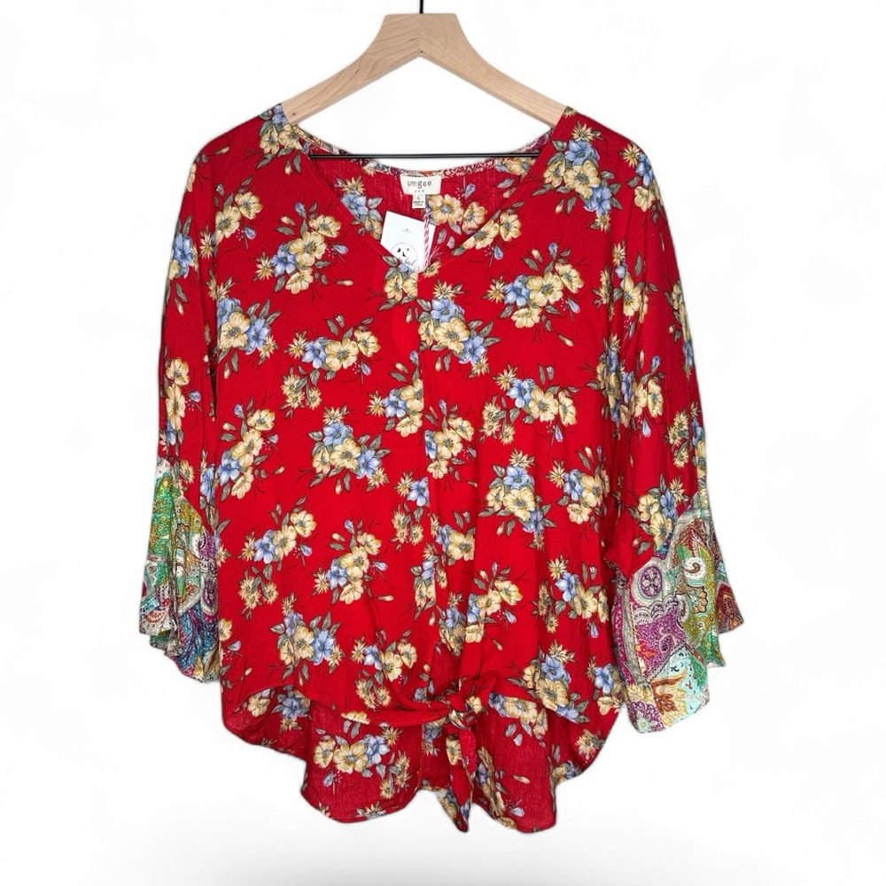 Umgee NWT Boho Red Floral Print Bell Sleeve Tie Front High-Low‎ Hem Blouse Large